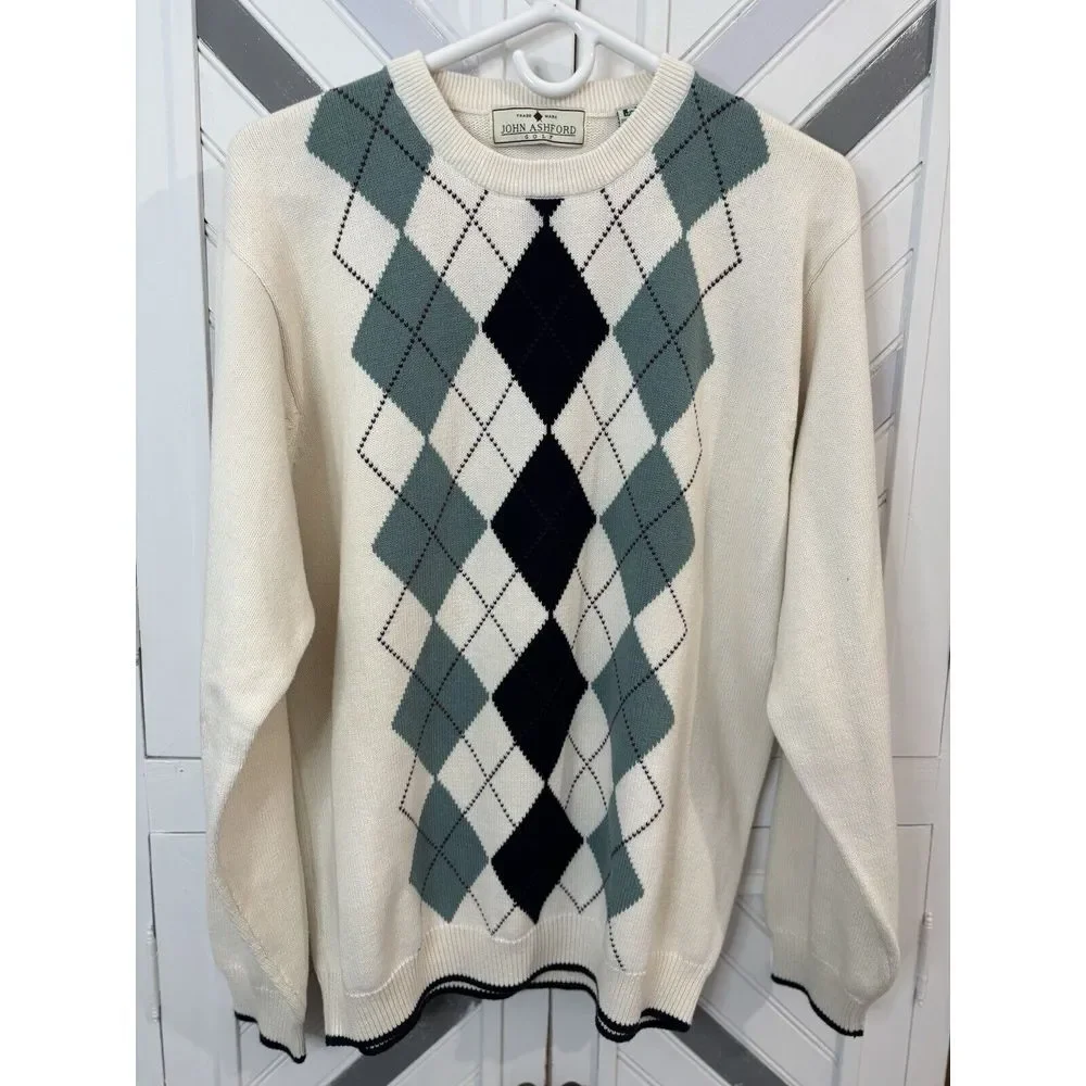 John Ashford Golf Men's Large Cream‎ Green Blue Argyle Long Sleeve Knit Sweater